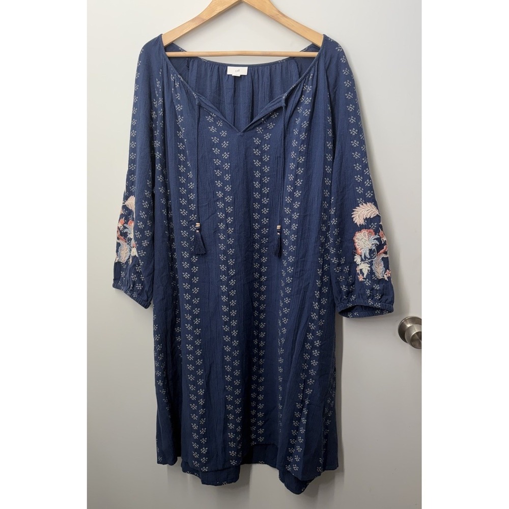 J Jill Boho Peasant Dress Womens Size Petite XL Loose Fit Blue Embroidery